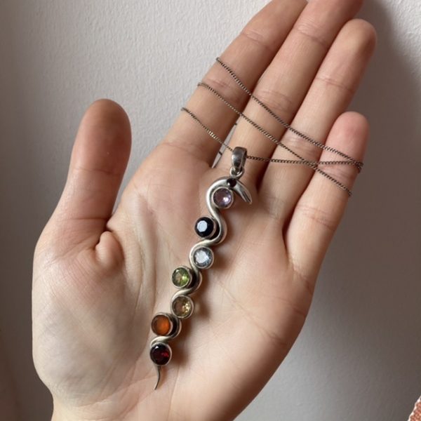 Vintage sterling silver rainbow chakra snake necklace