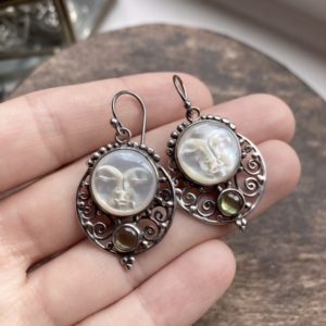 Vintage sterling silver hand carved moon goddess earrings