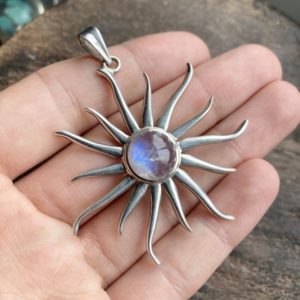 Vintage sterling silver rainbow moonstone sunburst pendant