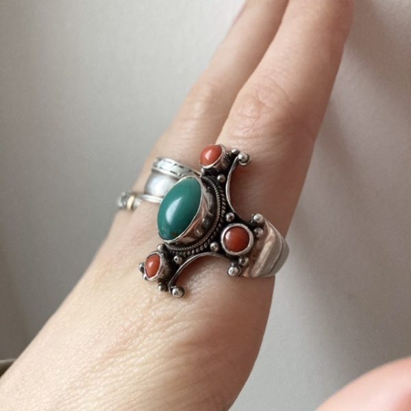 Vintage sterling silver turquoise and red coral ring