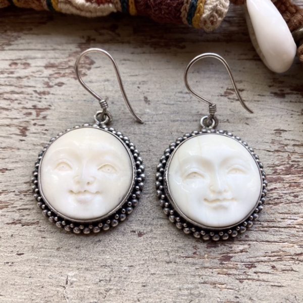 Vintage sterling silver carved moon face earrings