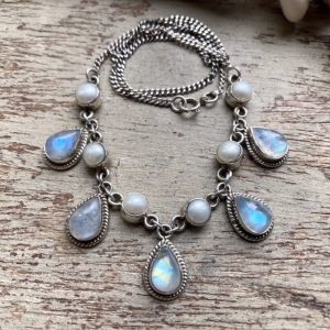Vintage sterling silver rainbow moonstone pearl necklace