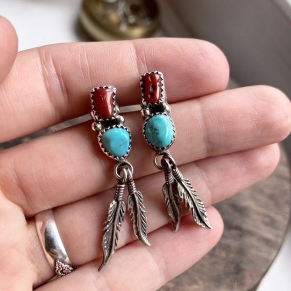 Vintage Navajo sterling silver turquoise coral earrings