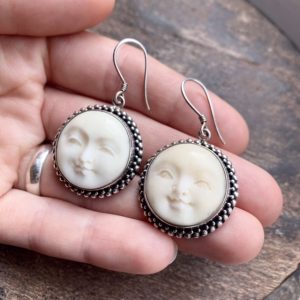Vintage sterling silver carved moon face earrings