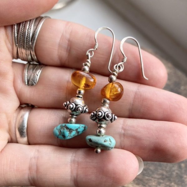 Vintage sterling silver amber and turquoise earrings
