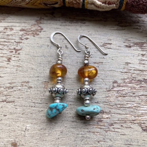 Vintage sterling silver amber and turquoise earrings