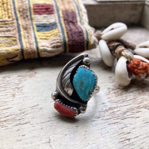 Vintage Navajo sterling silver turquoise and coral ring