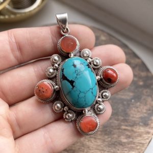 Vintage Tibetan sterling silver turquoise and coral pendant
