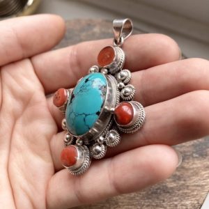Vintage Tibetan sterling silver turquoise and coral pendant