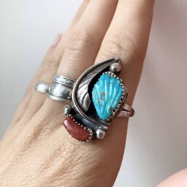 Stunning Vintage Navajo Sterling Silver Turquoise Coral Ring - Woven Earth