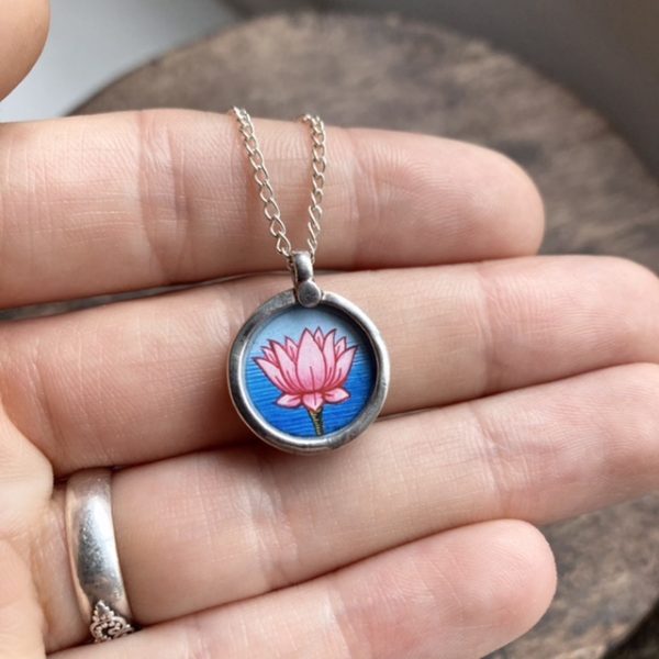 Vintage sterling silver hand-painted lotus necklace