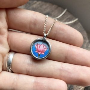 Vintage sterling silver hand-painted lotus necklace