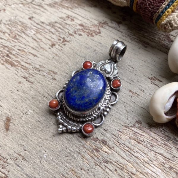 Vintage Tibetan sterling silver lapis lazuli coral pendant