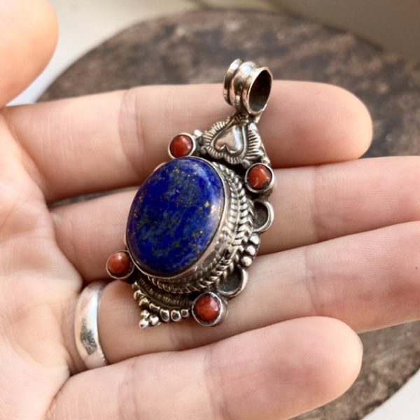Vintage Tibetan sterling silver lapis lazuli and coral pendant