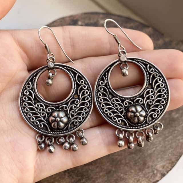 Vintage Indian heavy solid silver earrings