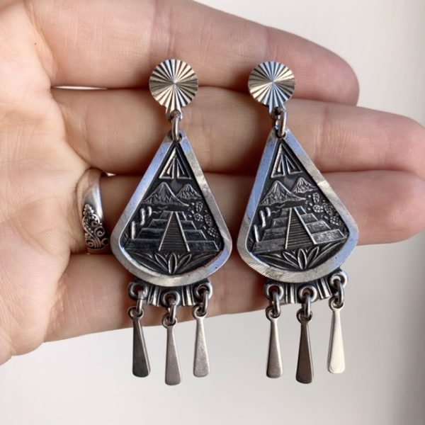 Vintage solid silver Mexican Mayan Temple earrings