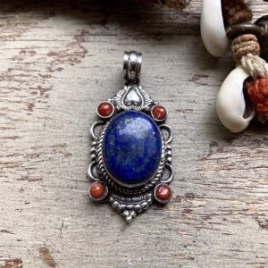 Vintage Tibetan sterling silver lapis lazuli coral pendant