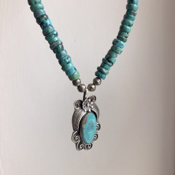 Vintage Navajo sterling silver and turquoise beaded necklace