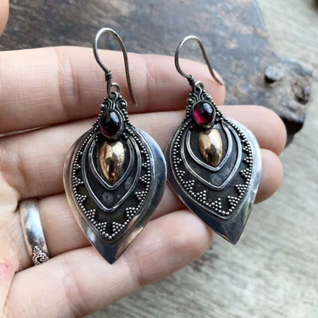 Vintage Balinese ornate sterling silver garnet earrings
