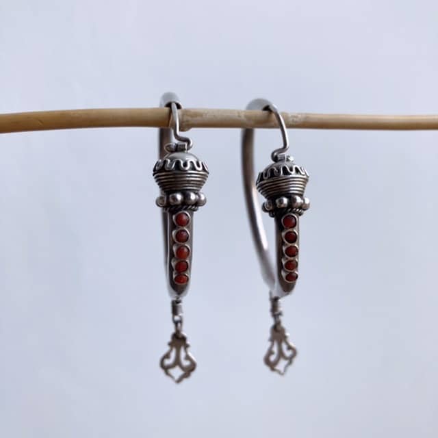 Vintage ornate sterling silver and red coral hoops
