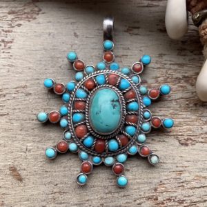 Vintage sterling silver turquoise and red coral pendant