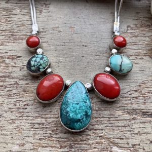 Vintage sterling silver turquoise and red coral necklace