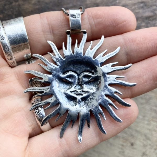 Vintage solid silver celestial sun necklace