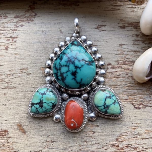 Vintage sterling silver turquoise and red coral pendant