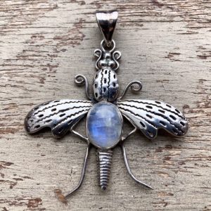 Vintage sterling silver rainbow moonstone moth pendant