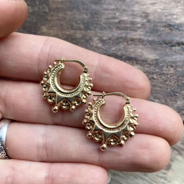Gold plated sterling silver ornate hoops