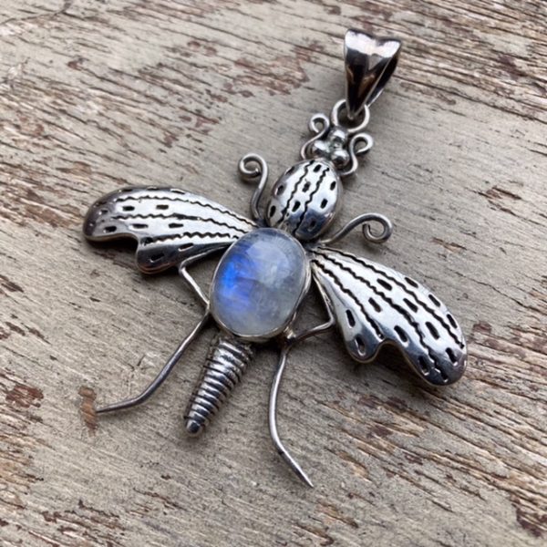 Vintage sterling silver rainbow moonstone moth pendant