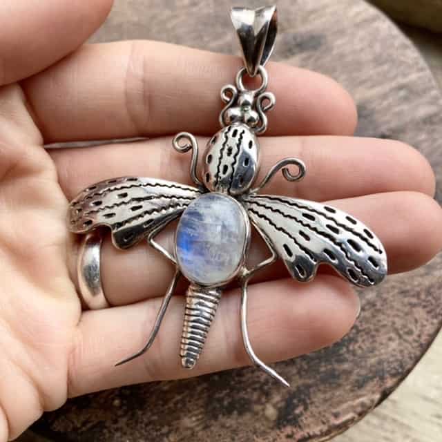 Vintage sterling silver rainbow moonstone moth pendant