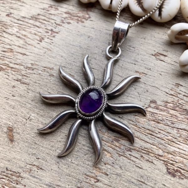 Vintage sterling silver amethyst sunburst necklace