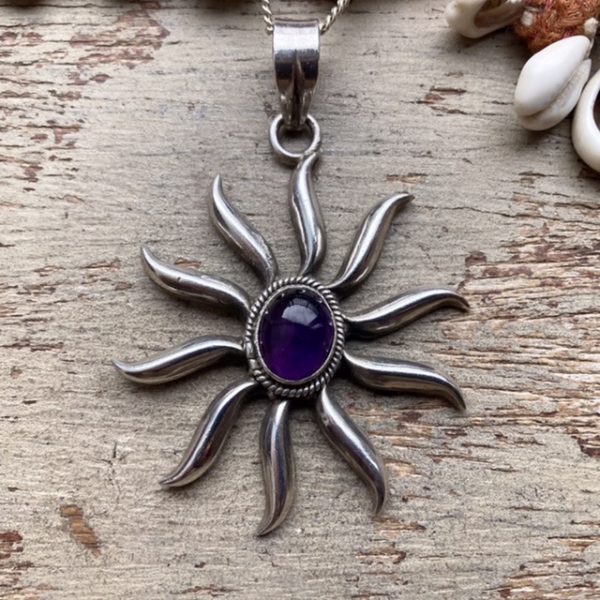 Vintage sterling silver amethyst sunburst necklace