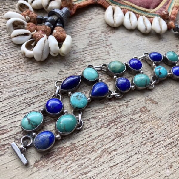 Vintage sterling silver, turquoise and lapis lazuli bracelet