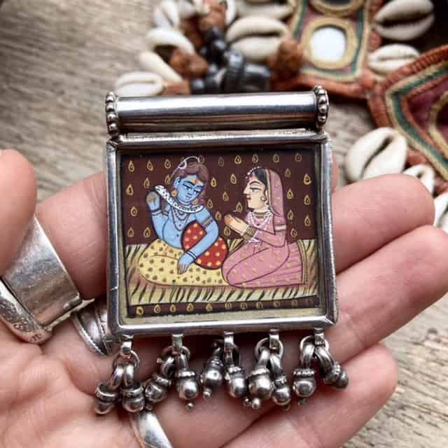 Vintage hand-painted miniature sterling silver pendant