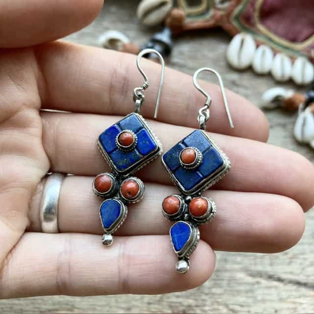 Vintage Tibetan sterling silver lapis lazuli and coral earrings