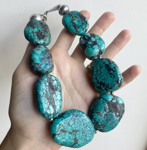Vintage Native American chunky turquoise and sterling silver necklace