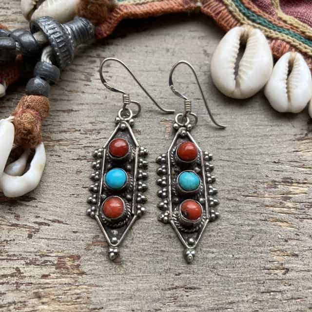 Vintage sterling silver, turquoise and red coral earrings