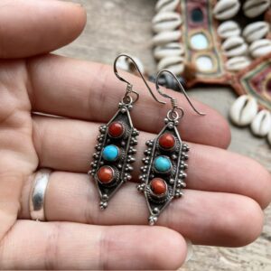 Vintage sterling silver, turquoise and red coral earrings