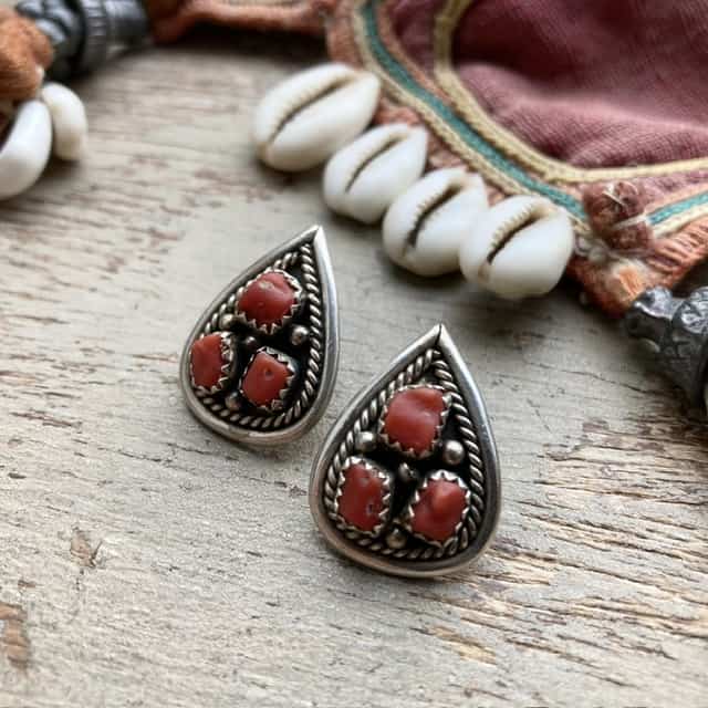 Vintage Navajo sterling silver and red coral earrings