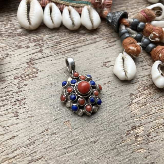 Vintage sterling silver, lapis lazuli and red coral pendant