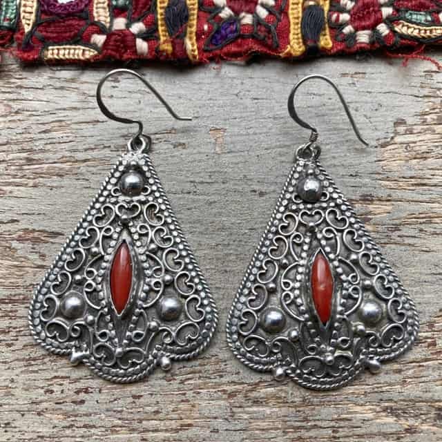 Vintage sterling silver and red coral earrings