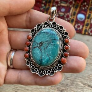 Vintage sterling silver, turquoise and red coral pendant