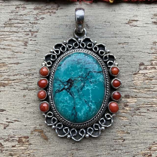 Vintage sterling silver, turquoise and red coral pendant