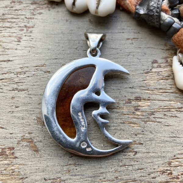 Vintage sterling silver and amber moon pendant