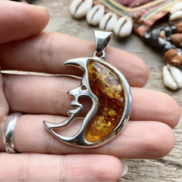 Vintage sterling silver and amber moon pendant