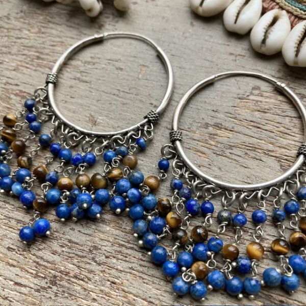 Vintage sterling silver lapis lazuli and tiger’s eye hoops