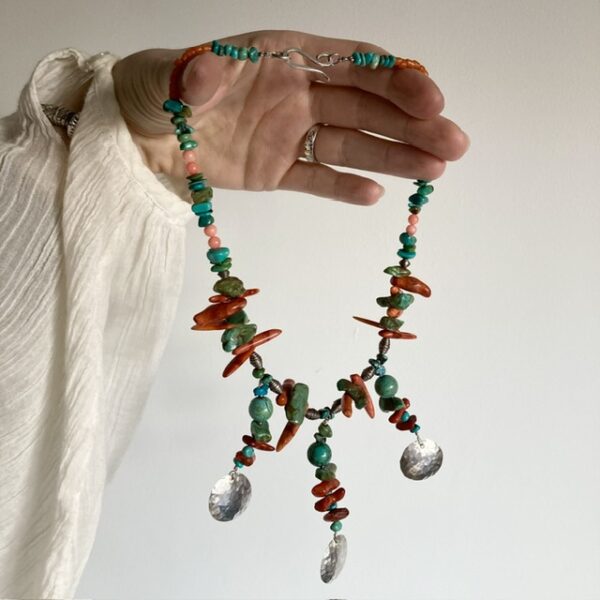 Vintage turquoise, coral and sterling silver necklace