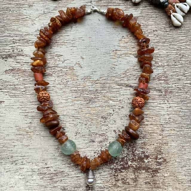Handmade amber and sterling silver beaded necklace